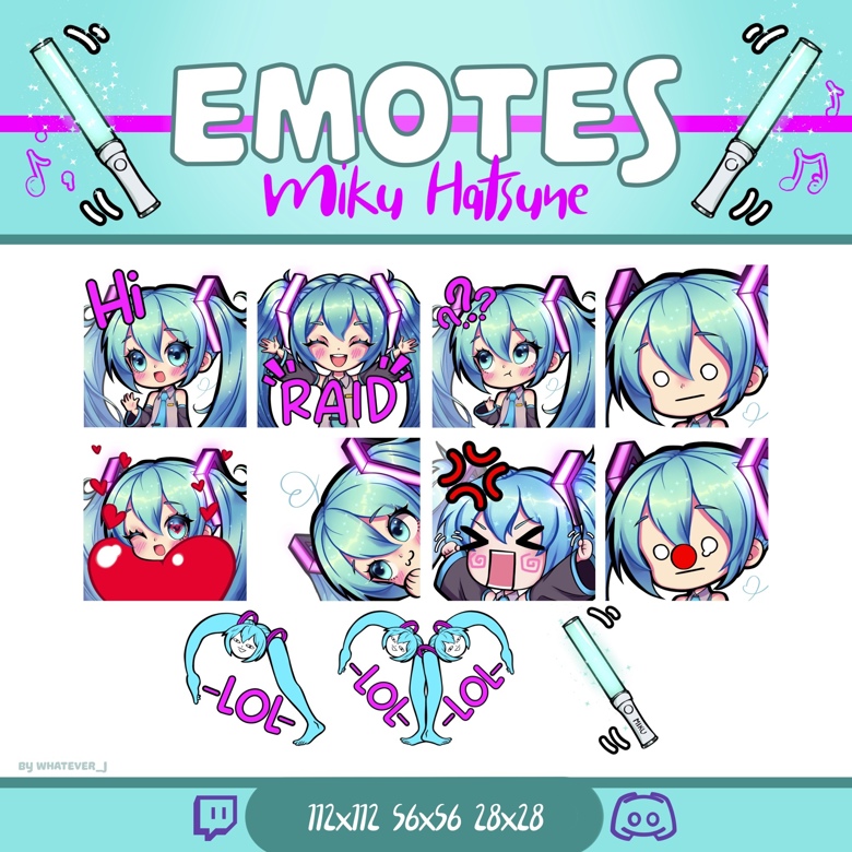 Miku Hatsune VOCALOID Twitch Discord PNG Emote PACK WhatEver J