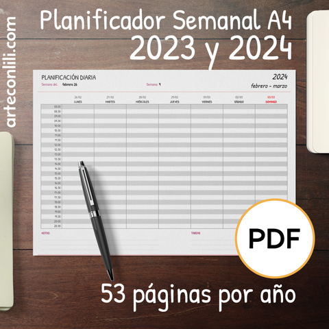 Planificador Semanal Digital 2023 2024 en PDF para imprimir en tamaño