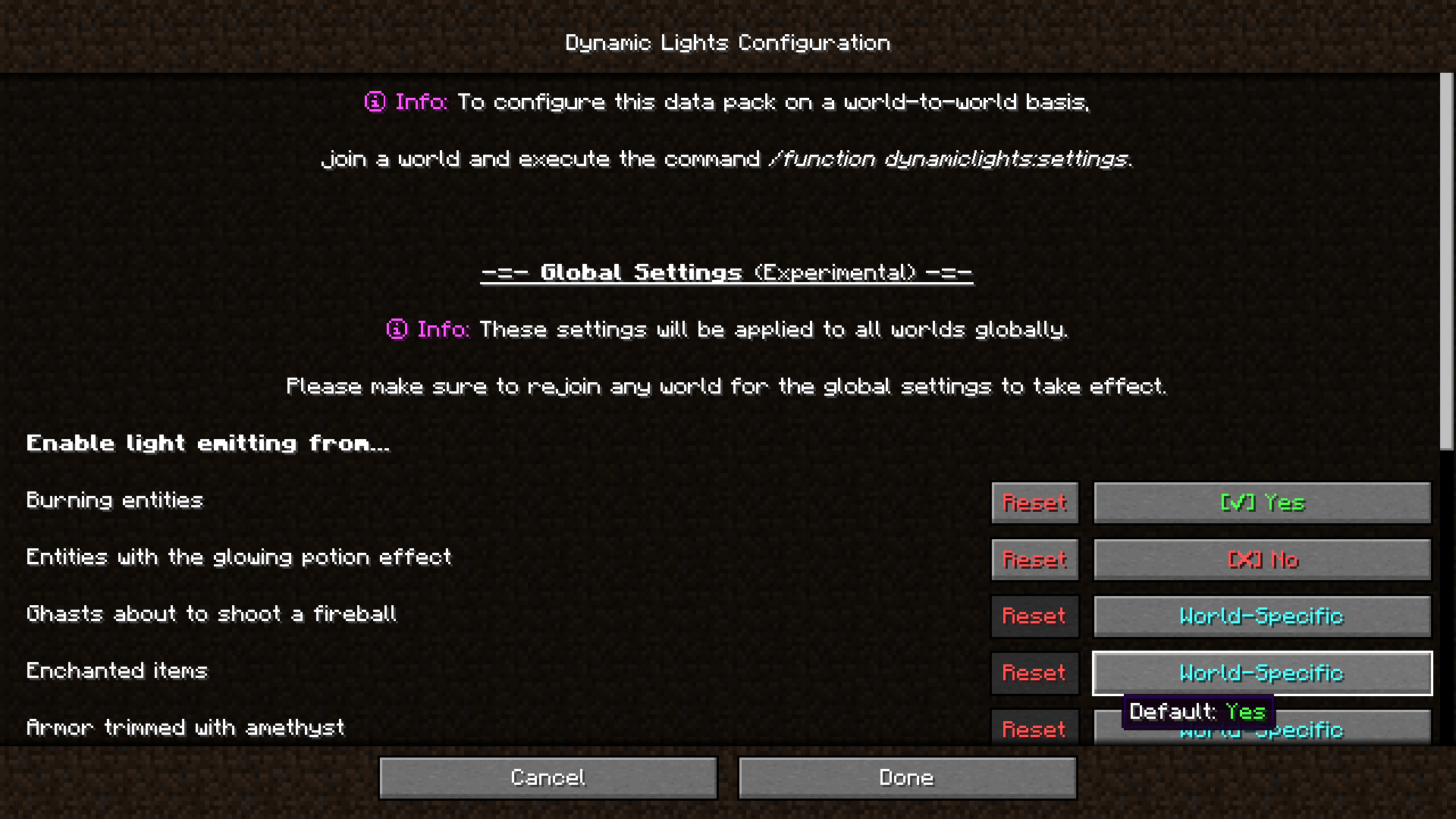 Global settings menu