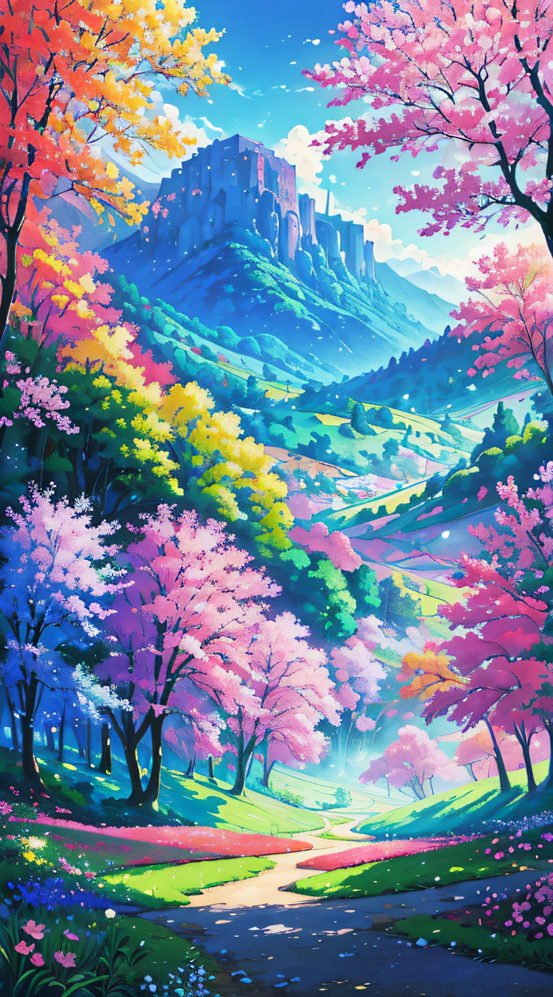 Anime-Inspired Landscape: A Vivid Gouache Painting of Colorful Trees ...