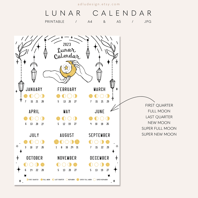 Lunar calendar 2023 - plum and rose gold moon calendar printable poster —  Reliquary & Curios