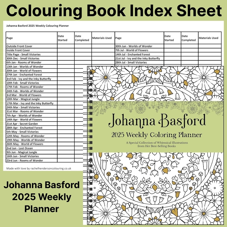 Colouring Book Index Sheet Johanna Basford's 2025 Weekly Coloring