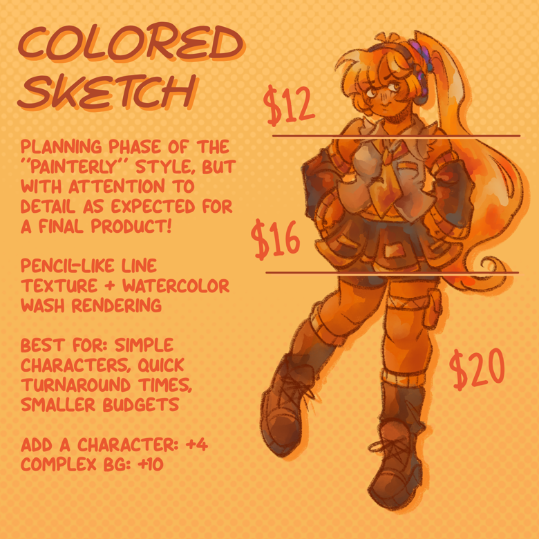 colored sketch ($12/$16/$20)

planning phase of the “painterly” style, but with attention to detail as expected for a final product!

pencil-like line texture + watercolor wash rendering

best for: simple characters, quick turnaround times, smaller budgets

add a character: +4
complex bg: +10