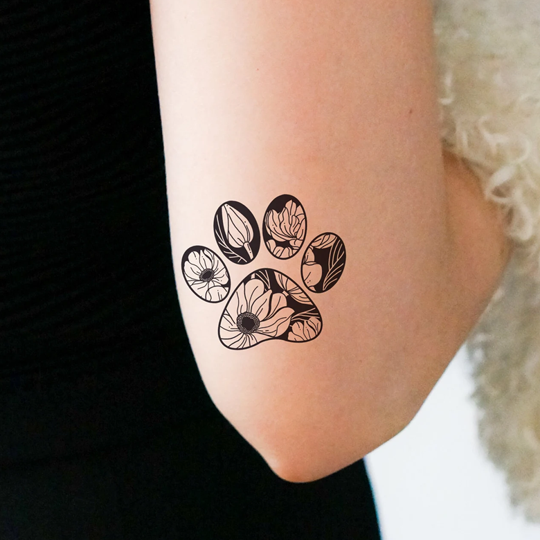 Paw Silhouette Flower Temporary Tattoo 2 pack - Elaine Illustrate