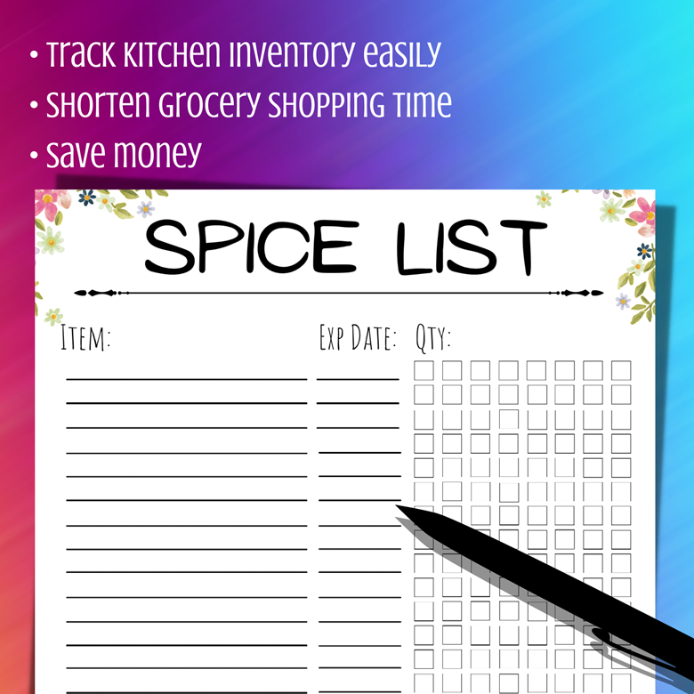 Spice Inventory Printable w/Expiry Dates, Size US Letter