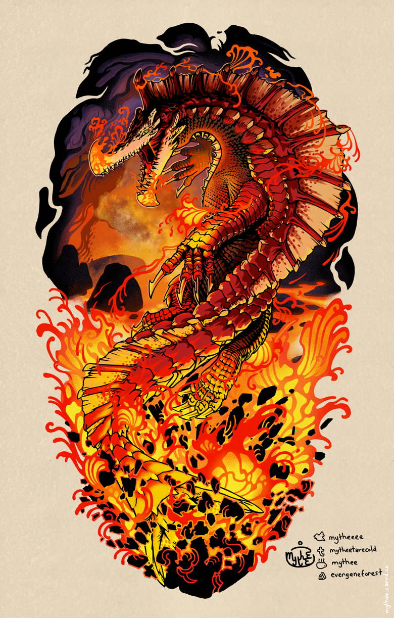 A commission for a tattoo design depicting a crocodilian monster erupting from lava rock.