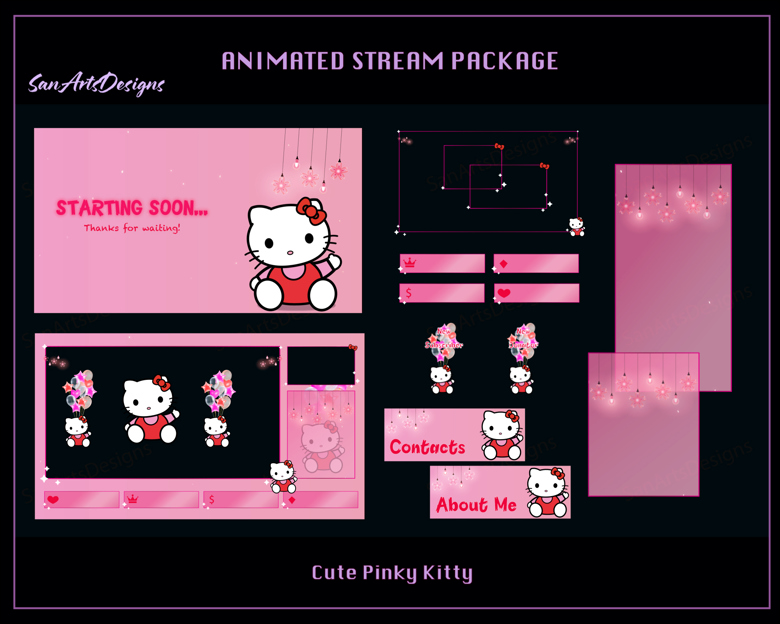 Cute Pinky Hello Kitty Stream Overlay Bundle for Streamers, OBS ...