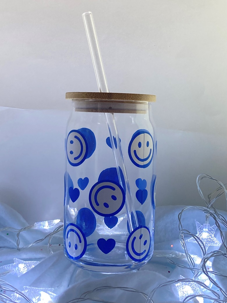 Happy Face Glass Can with Straw and Lid