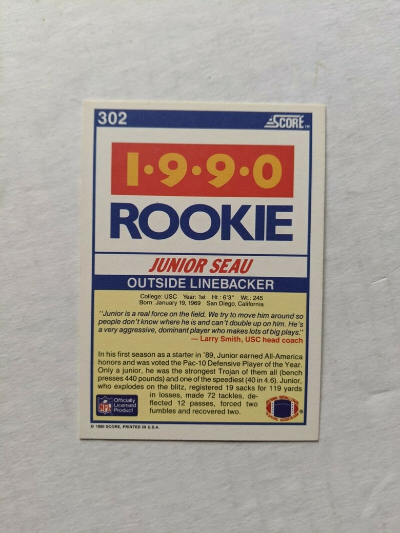 : 1990 Score Football #302 Junior Seau RC Rookie USC