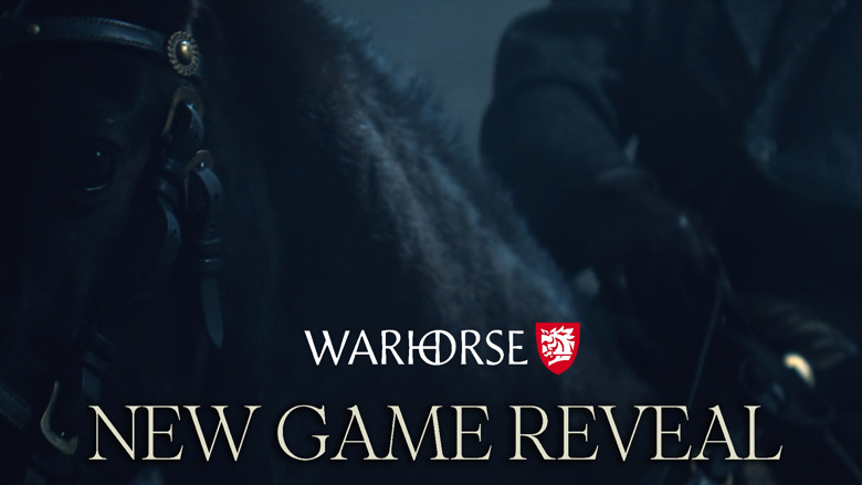 Das Bild zeigt eine Nahaufnahme eines Pferdes in gedämpftem Licht. Es ist Teil einer Werbung von Warhorse Studios für ein neues Spiel. Der Text “NEW GAME REVEAL” und “WARHORSE” sind hervorgehoben. auf