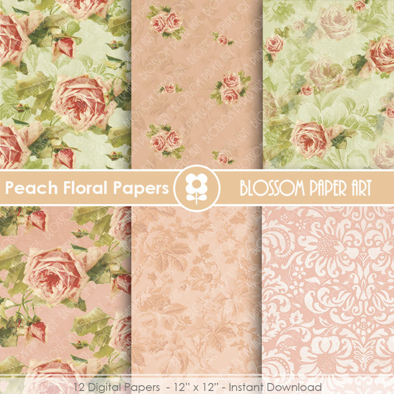 Floral Digital Paper, Peach Digital Paper Pack, Wedding, Scrapbooking ...