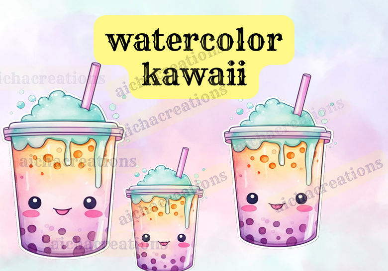 Watercolour Bubble Tea Clipart Kawaii Boba Tea Milk Tea PNG 