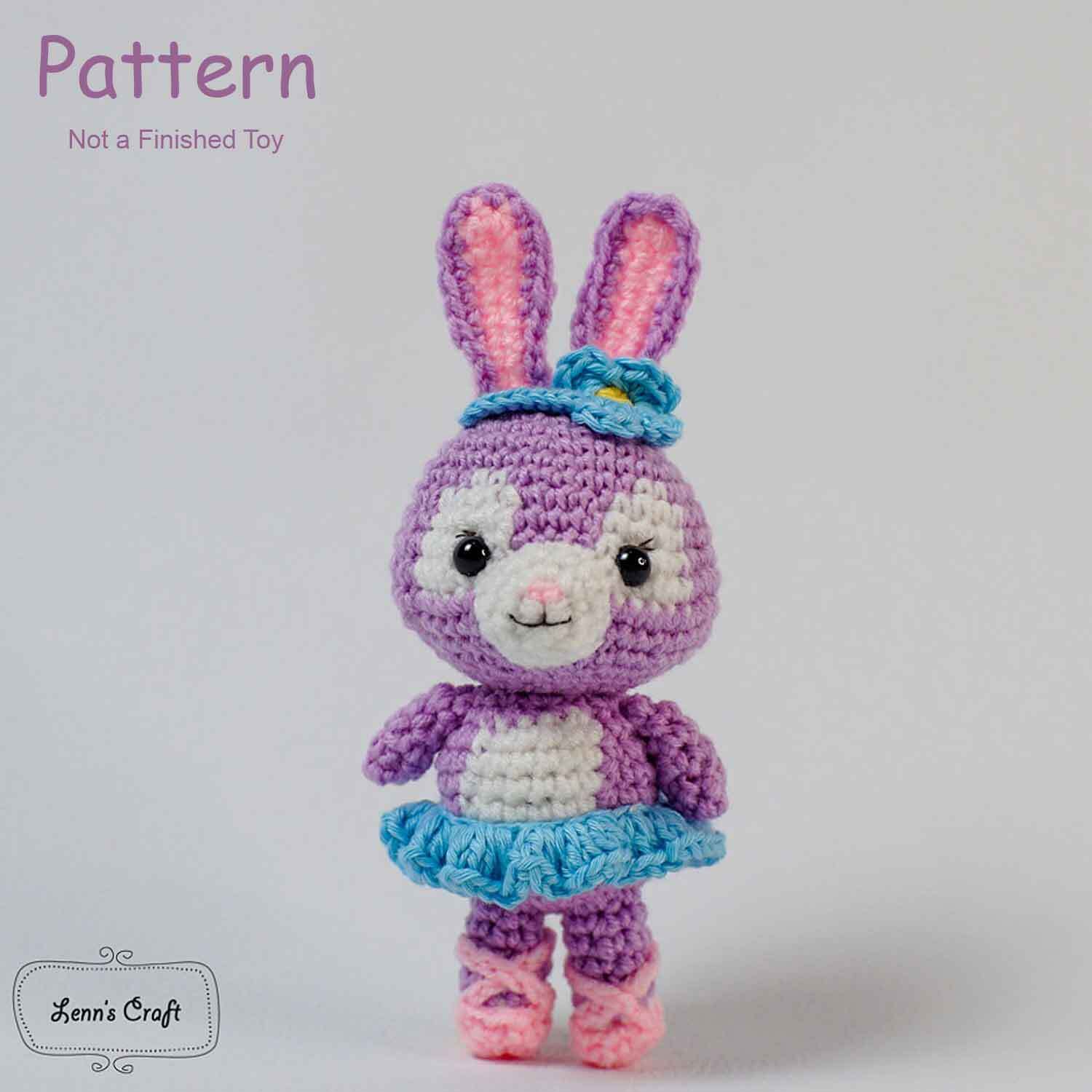 Crochet doll pattern, cute Amigurumi doll with purple dress