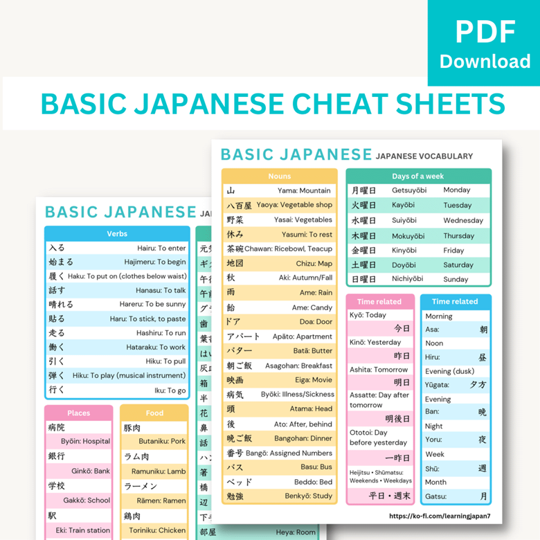 Basic Japanese Cheat Sheet Bundle! - @Learning Japanese 's Ko-fi Shop ...