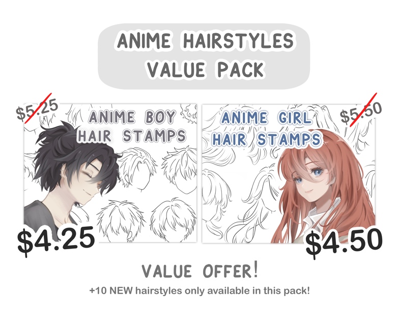 Procreate Manga Hairstyles Stamps. Anime Girl Hairstyle Stamp 
