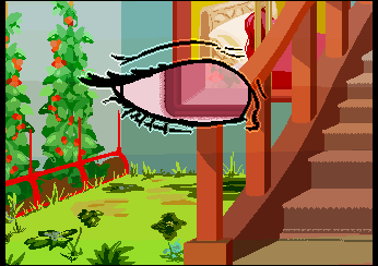 a  surrealist image; carpeted stairs lead off to the left, in a garden on the right there are cherries growing like tomatoes, strict red spikes fence them off from the highly saturated overgrown lawn, a window in the upper center of the image shows a view inside of a house of a red bed; and in the very centre of the image is the stylized outline of an eye; through which the image is change slightly to show the window sill looking out while cast in a light monochrome purple