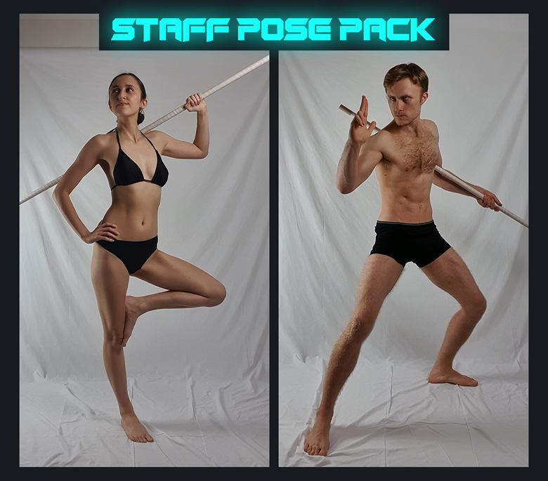 Figure drawing pose of male, martial art, action, jumping and staff -  Figurosity