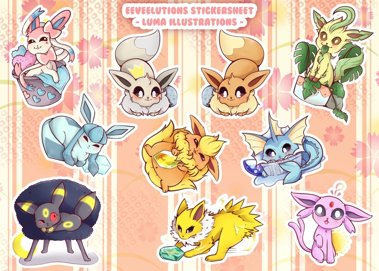 Eeveelutions  Pokémon Fanart 4x6 Sticker Sheet - Luma Illustrations's  Ko-fi Shop - Ko-fi ❤️ Where creators get support from fans through  donations, memberships, shop sales and more! The original 'Buy Me