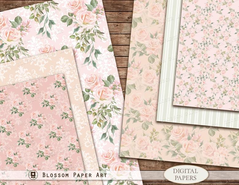 Shabby Digital Paper, Pink Digital Paper, Floral Collage Sheet, Floral ...