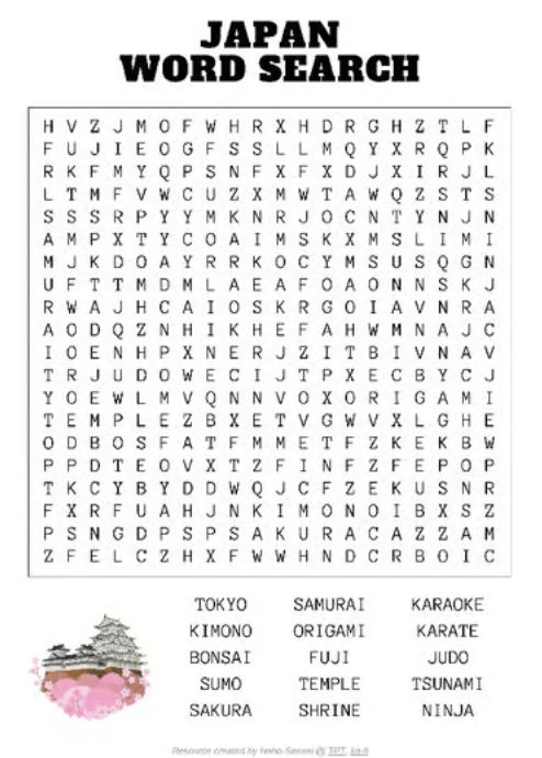 Japan Related Word Search, 6 Unique Printable Word Searches - Naho ...
