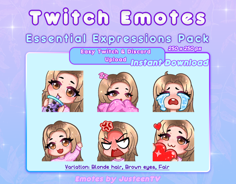 Essential Expressions Twitch Emote Pack: Blonde Hair/Brown Eyes/Fair ...