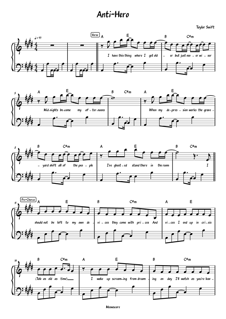 The 1 - Taylor Swift, Partitura Piano Acomp. Orig.
