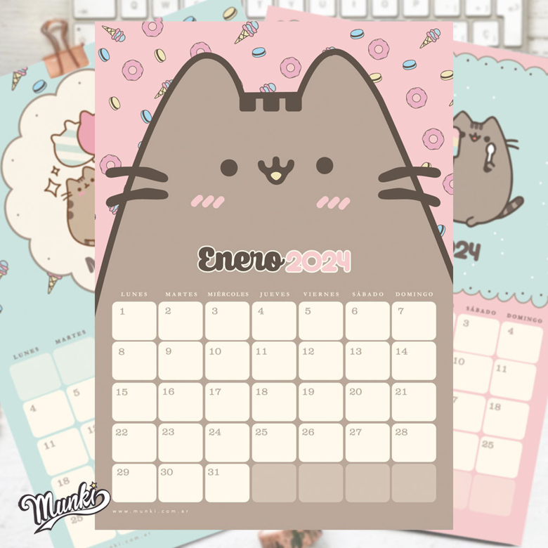 Calendario 2024 Gato Kawaii Aesthetic pdf en español Munki Printables