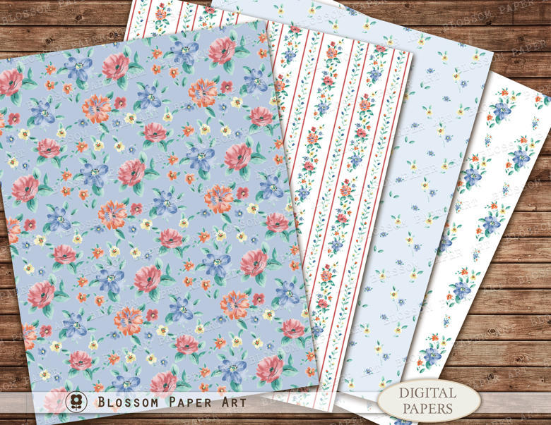 Floral Vintage Digital Papers / Floral Backgrounds / Shabby