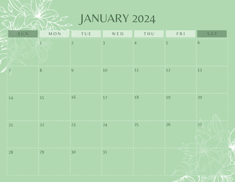 2024 Printable Calendar (Green Theme Palette) - Arleen Hernando's Ko-fi ...