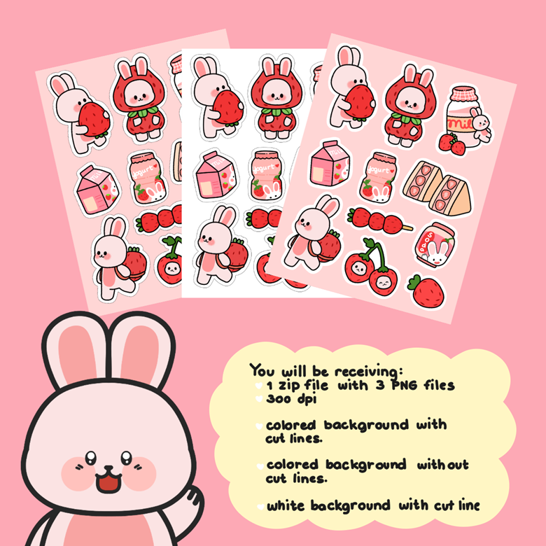 Cute Strawberry Bunny Sticker Sheet - Satchiillustrate's Ko-fi Shop ...