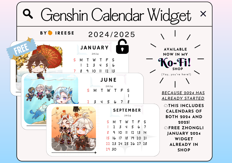 Genshin Calendar Widget 2024/2025 紫馨Ireese's Kofi Shop Kofi ️