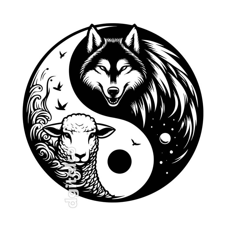 Harmony of Nature - Vector Yin Yang Wolf and Lamb Design