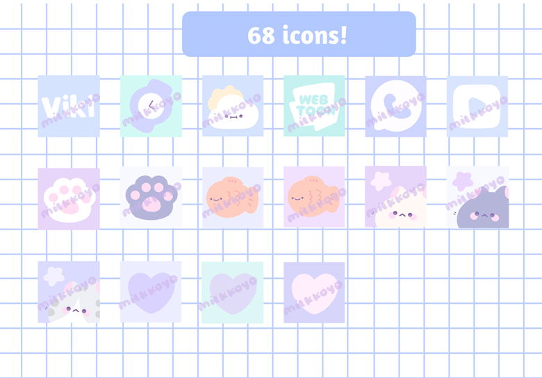 Cute Purple Ios Icons Kawaii Cats Icon Bundle App (Instant, icon