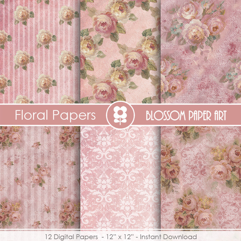 Rose Digital Paper Pink Floral Digital Papers, Pink Scrapbook Papers ...