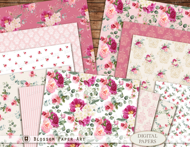 Pink Floral Digital Paper, Decoupage Sheets, Floral Collage Sheet ...