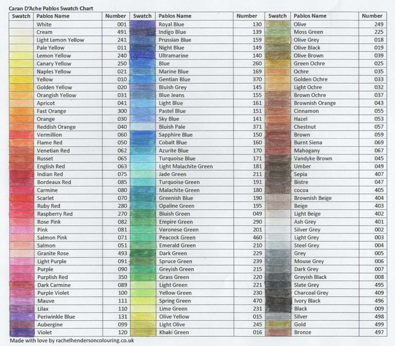 Caran D'ache Pablos Swatch Chart - Rachel Henderson Colouring's Ko-fi 