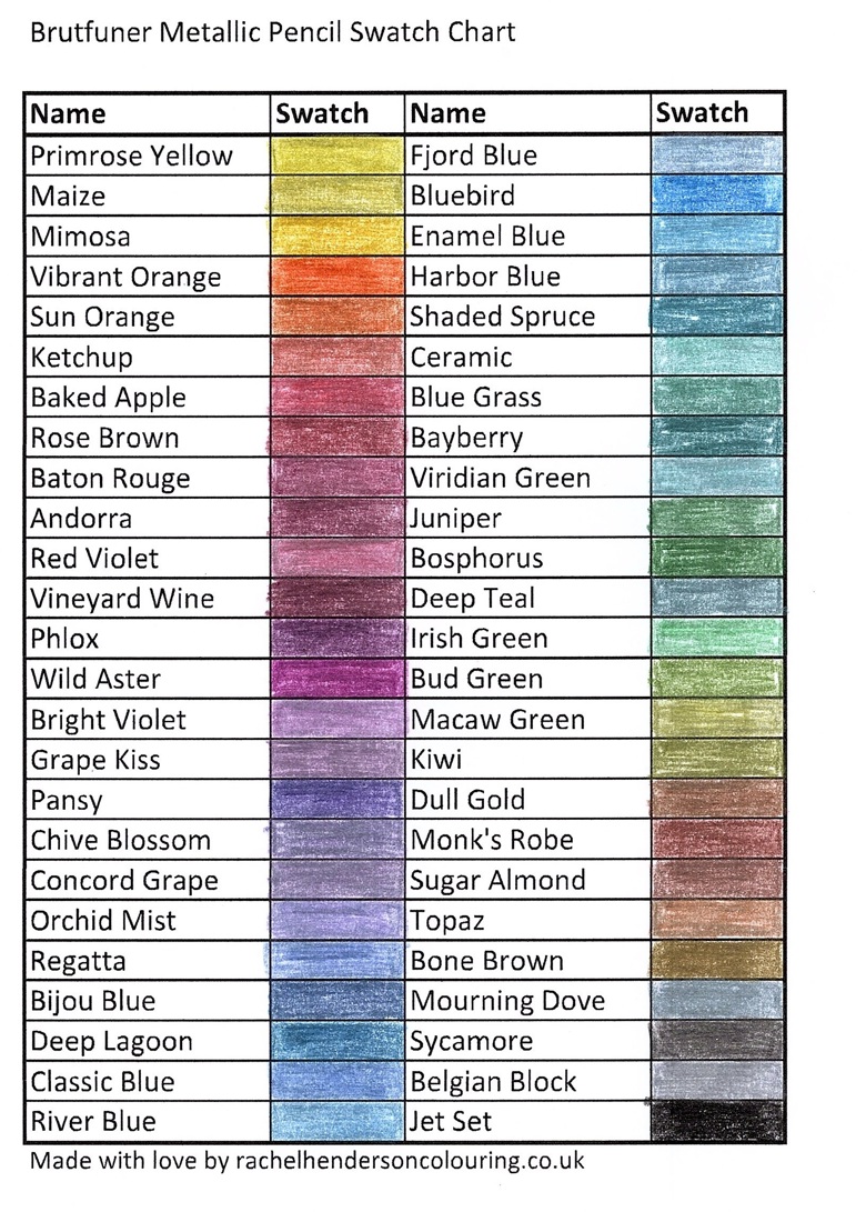 Brutfuner 50 Metallic Pencil Swatch Charts - Rachel Henderson Colouring ...