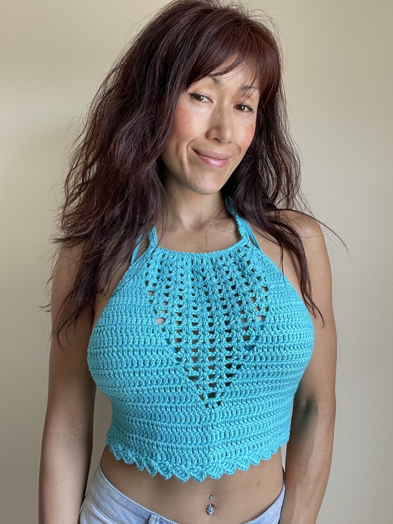 Turquoise color summer crochet mesh detail halter top - momopot75's Ko ...