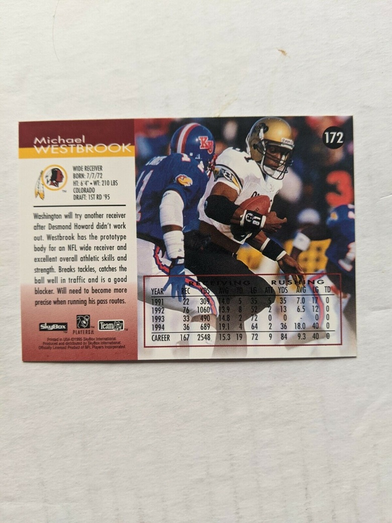 1995 Skybox Impact #172 Michael Westbrook Washington Redskins NFL RC ...