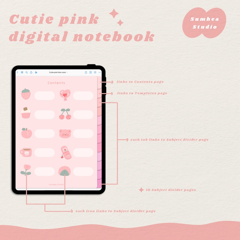 Cutie pink notebook - hyperlink digital notebook - Sumhea Studio 's Ko ...