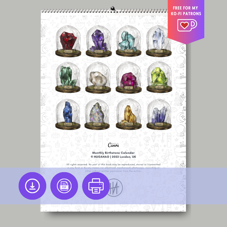 2024 Monthly Birthstone Calendar Printable A4 PDF Gemstone Crystal