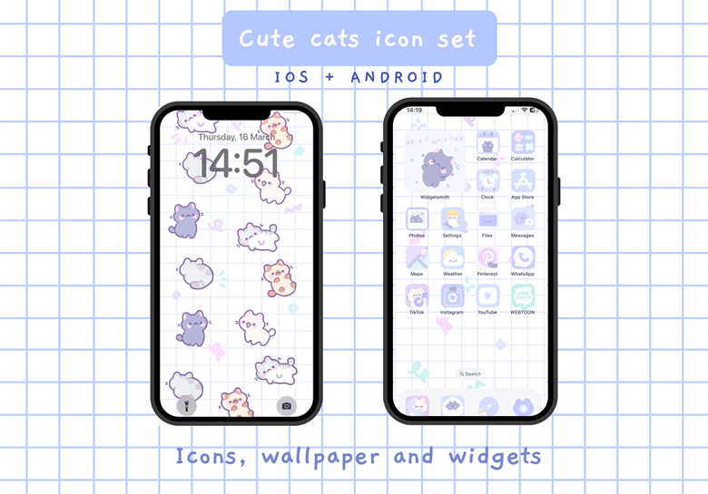 Cute Purple Ios Icons Kawaii Cats Icon Bundle App (Instant