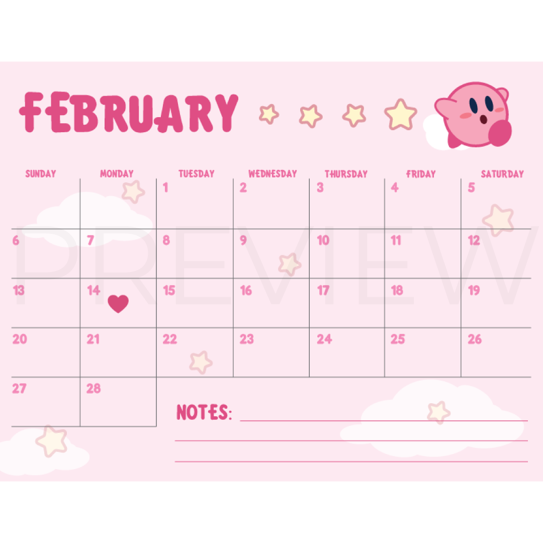 Kirby Calendar February 2022 Printable PDF gvmaymi's Kofi Shop Ko