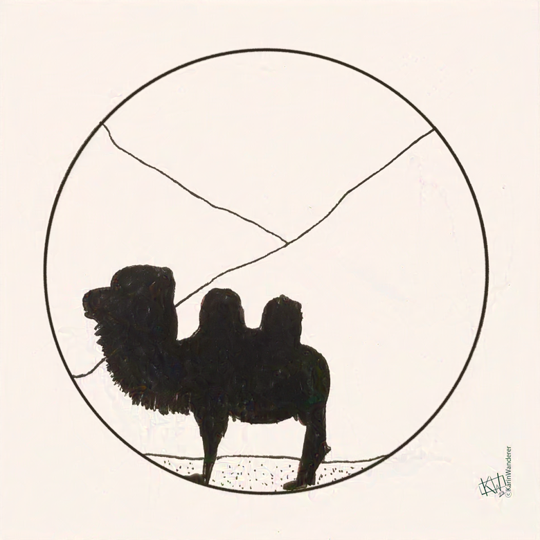 Line art of a Bactrian camel silhouette  standing in front of sand dunes