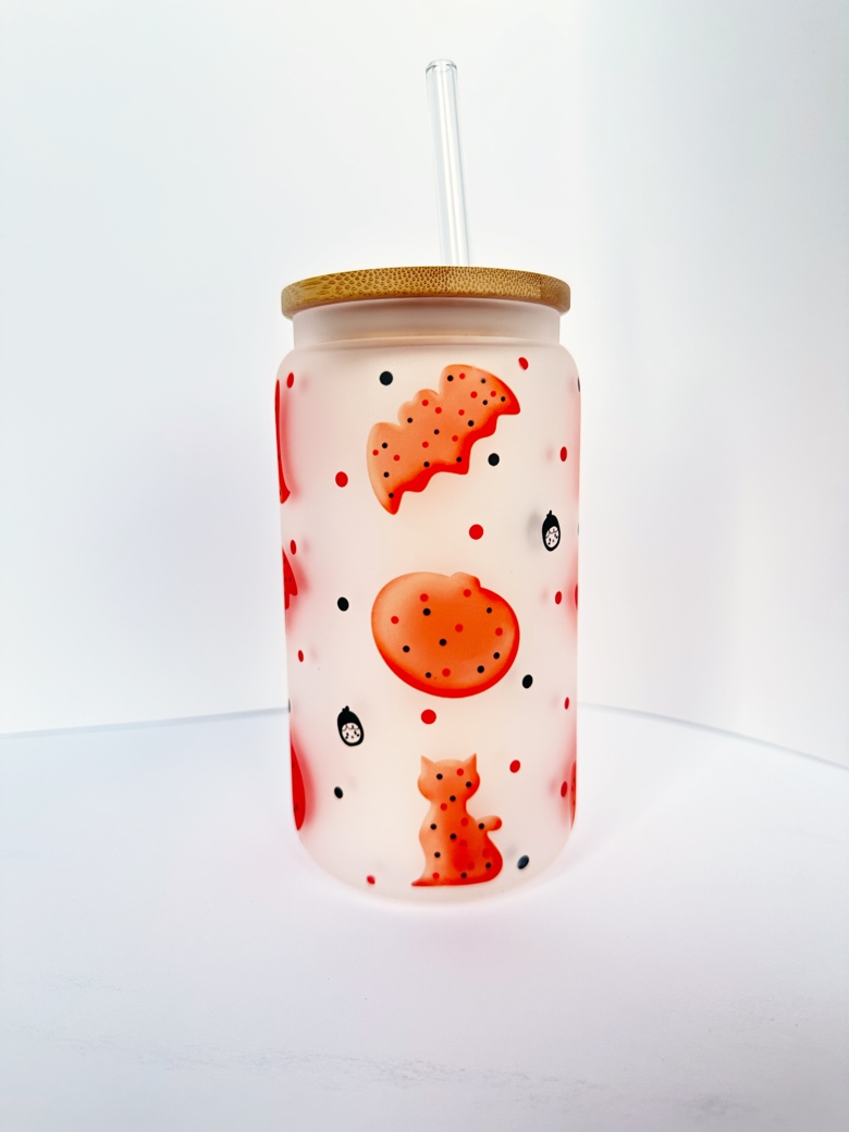 Ice Coffee Cup With Bamboo Lids And Glass Straw, Ghost Pumpkin Bat