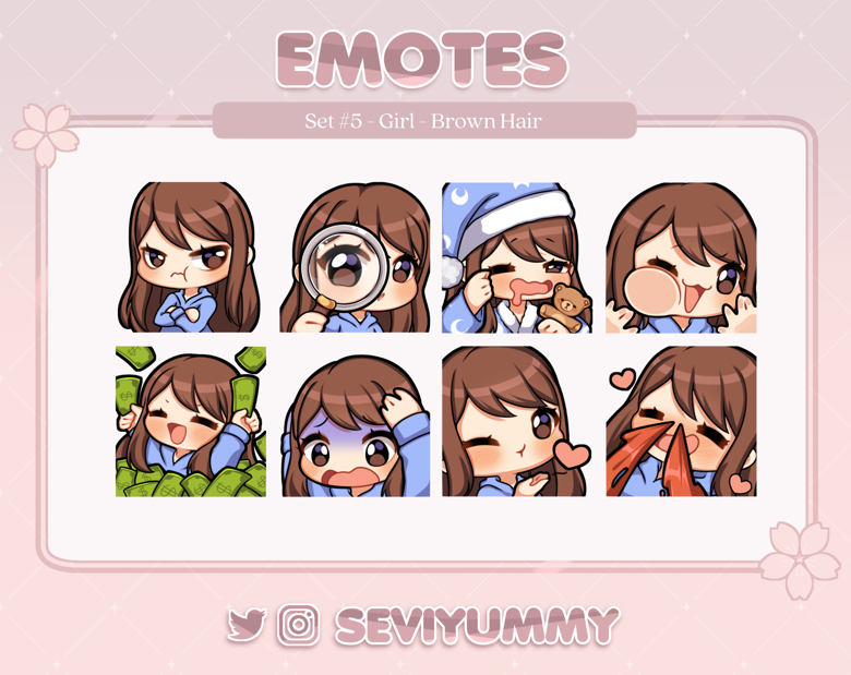 Set #5 Twitch / Discord Emotes - Chibi Girl - Brown Hair - Sevi Yummy's ...