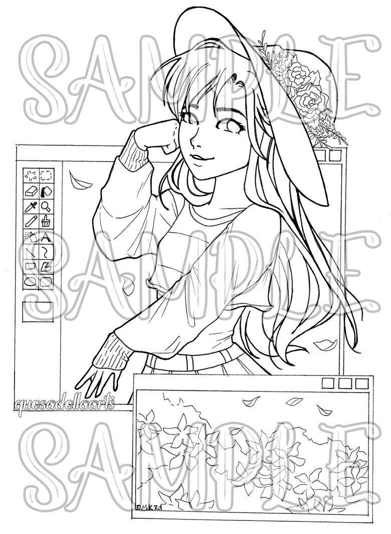 90s Aesthetic Girl - Coloring Page - QuesaDellaArts's Ko-fi Shop - Ko