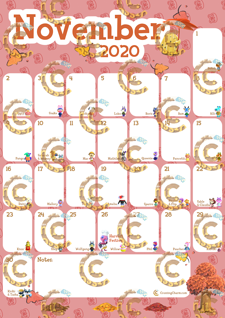 November Printable Calendar (A4) CrossingCharm's Kofi Shop Kofi ️