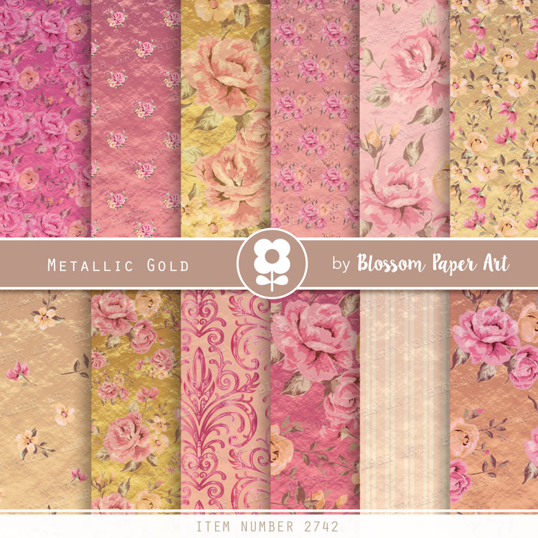 Gold and Pink Digital Paper, Metallic Scrapbook Floral Digital