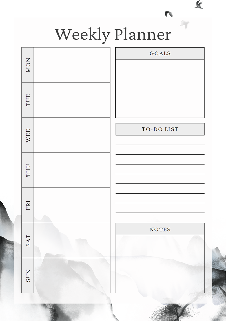 Printable Productivity Planners with Dark Mountains & Birds ...